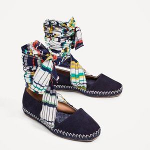 ZARA Woman Navy Suede Ribbon Lace Up Espadrilles Size 39‎ EU / 8 US